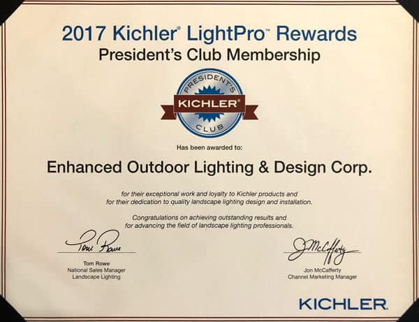 Membership placard indicating that Enhanced Outdoor Lighting is a member of the 2017 Kichler President's Club