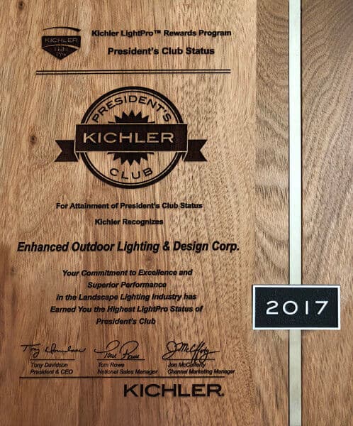 Kichler LightPro placard recognizing Enhanced Outdoor Lighting as a member of the President's Club