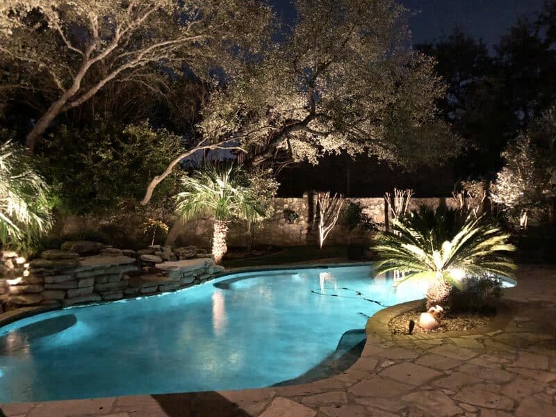 poolside lighting and landscape lighting up little palm trees
